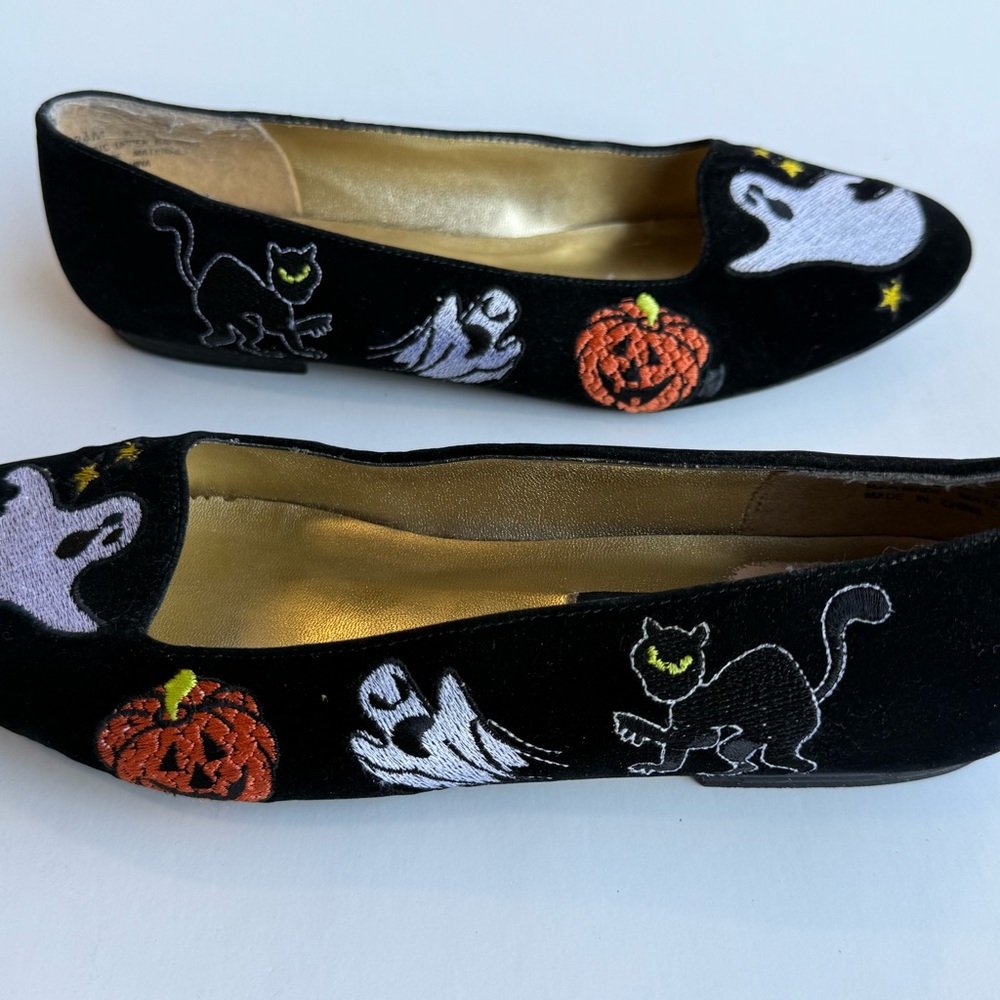 Vintage Pritzi Womens Black Velvet Ballet Flats Sz 7.5/8 Halloween Pumpkin Cat